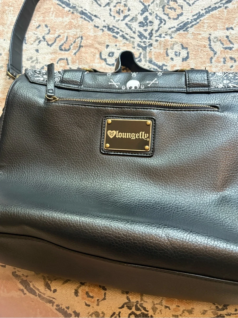 Loungefly Black Satchel with White Skull Bandana Print